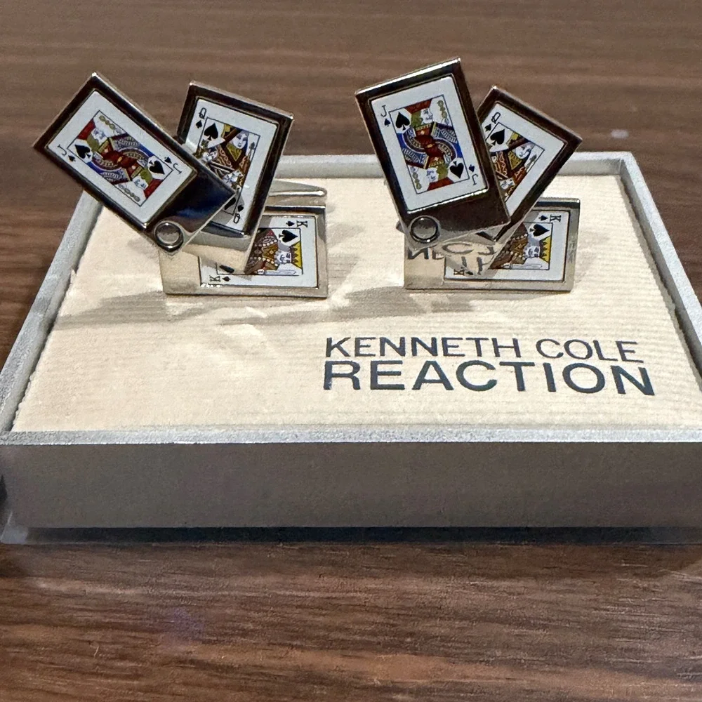 Kenneth Cole Reaction Cufflinks Mens Playing Cards Poker Silver Tone Novelty NWT